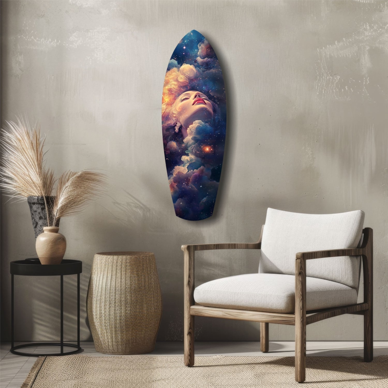 Celestial Dreamer glass wall art displayed above a wooden chair in a minimalist living room setting with neutral furnishings.