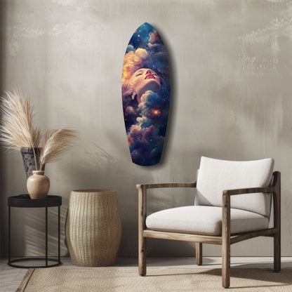 Celestial Dreamer glass wall art displayed above a wooden chair in a minimalist living room setting with neutral furnishings.