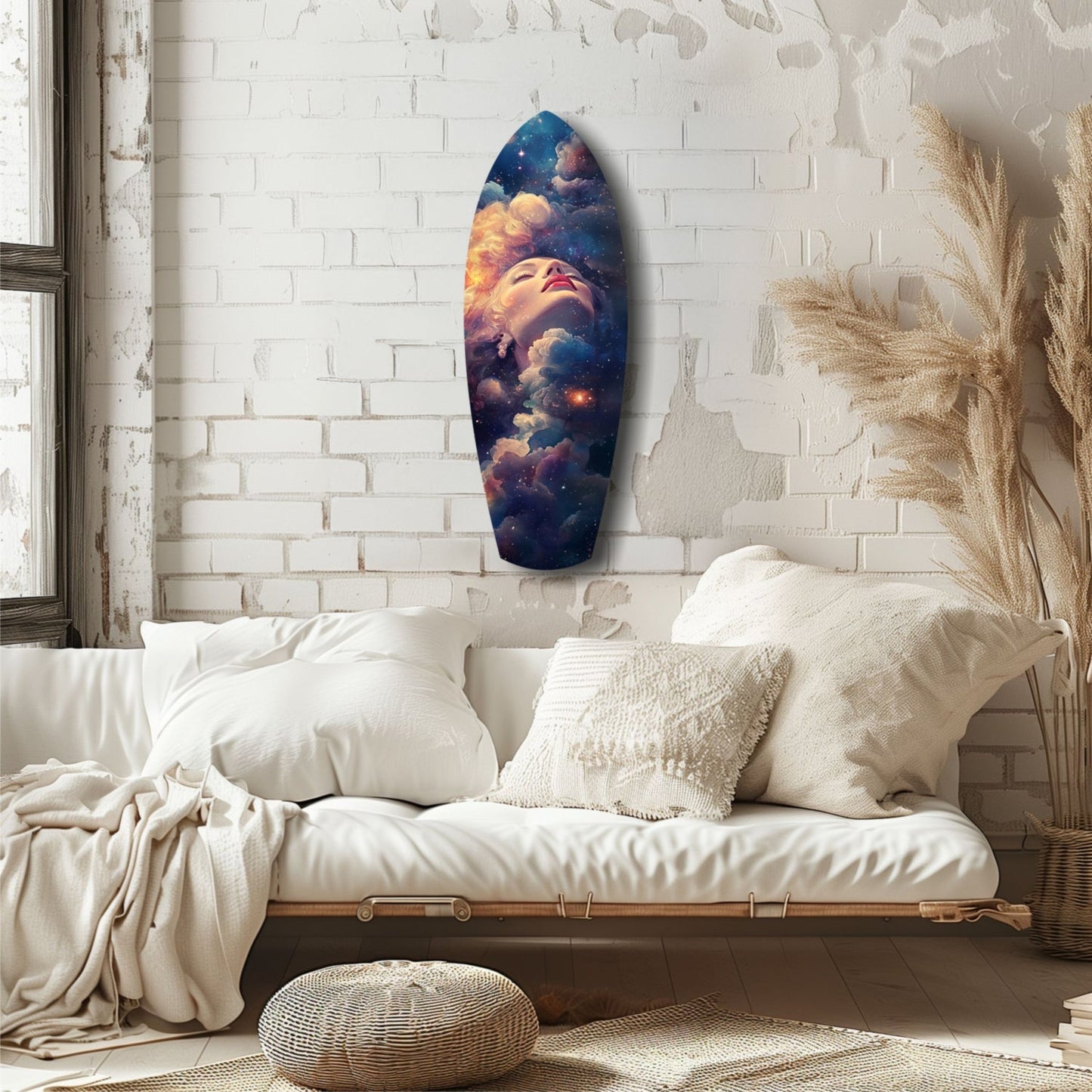 Celestial Dreamer glass wall art hung above a white bedframe, displaying a face merged with cosmic clouds in blue, orange, and purple tones.