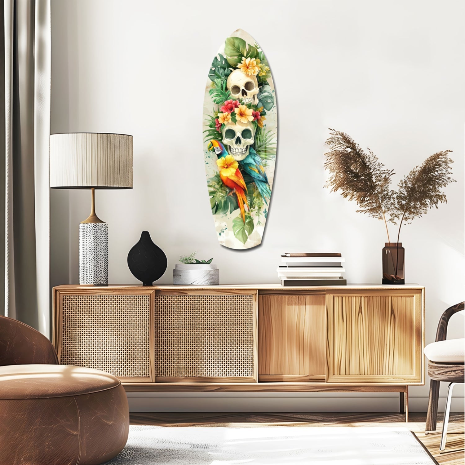 Tropical Mystique glass wall art displayed above wooden credenza, featuring colorful skulls, flowers, parrot, and green foliage on cream background.