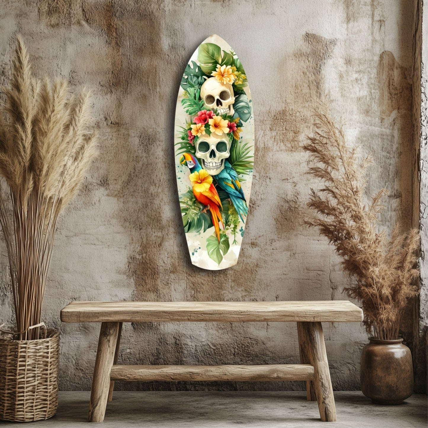 White oval glass wall art featuring two stacked skulls with colorful flowers, tropical leaves, and a macaw parrot, displayed above a wooden bench.