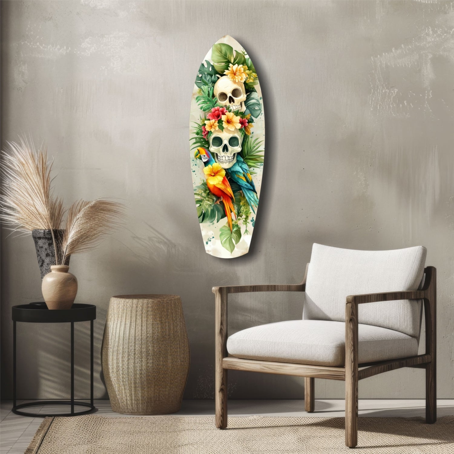 Oval glass wall art with two skulls adorned with colorful tropical flowers, green foliage, and a blue macaw parrot on neutral interior setting.