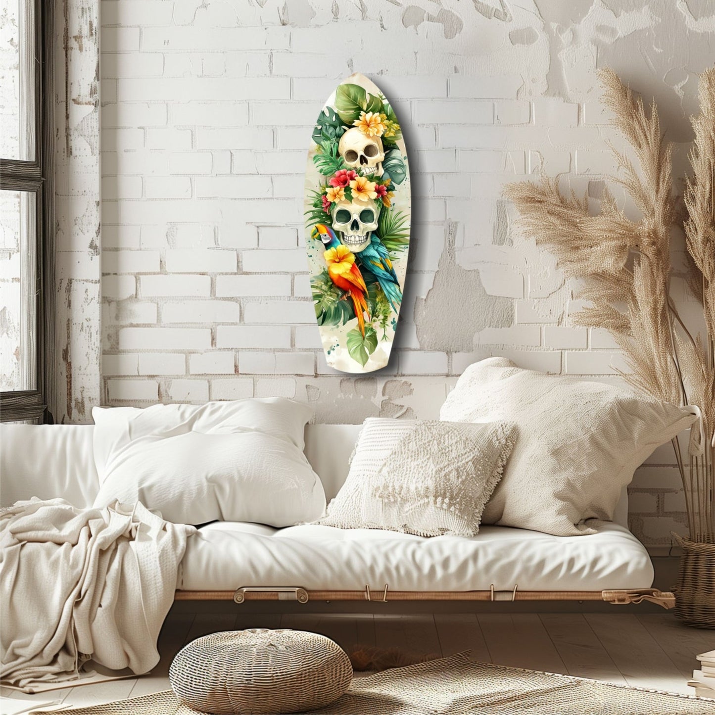 Tropical Mystique glass wall art displayed above a cream linen sofa, featuring two skulls adorned with yellow flowers, green leaves, and a colorful parrot.