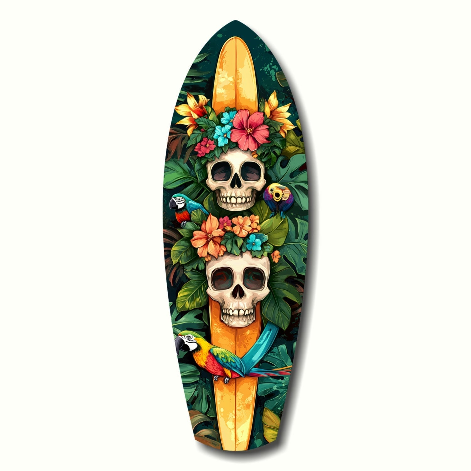 Surfboard-shaped glass art featuring two stacked skulls adorned with colorful flowers and tropical parrots against a dark green foliage background.