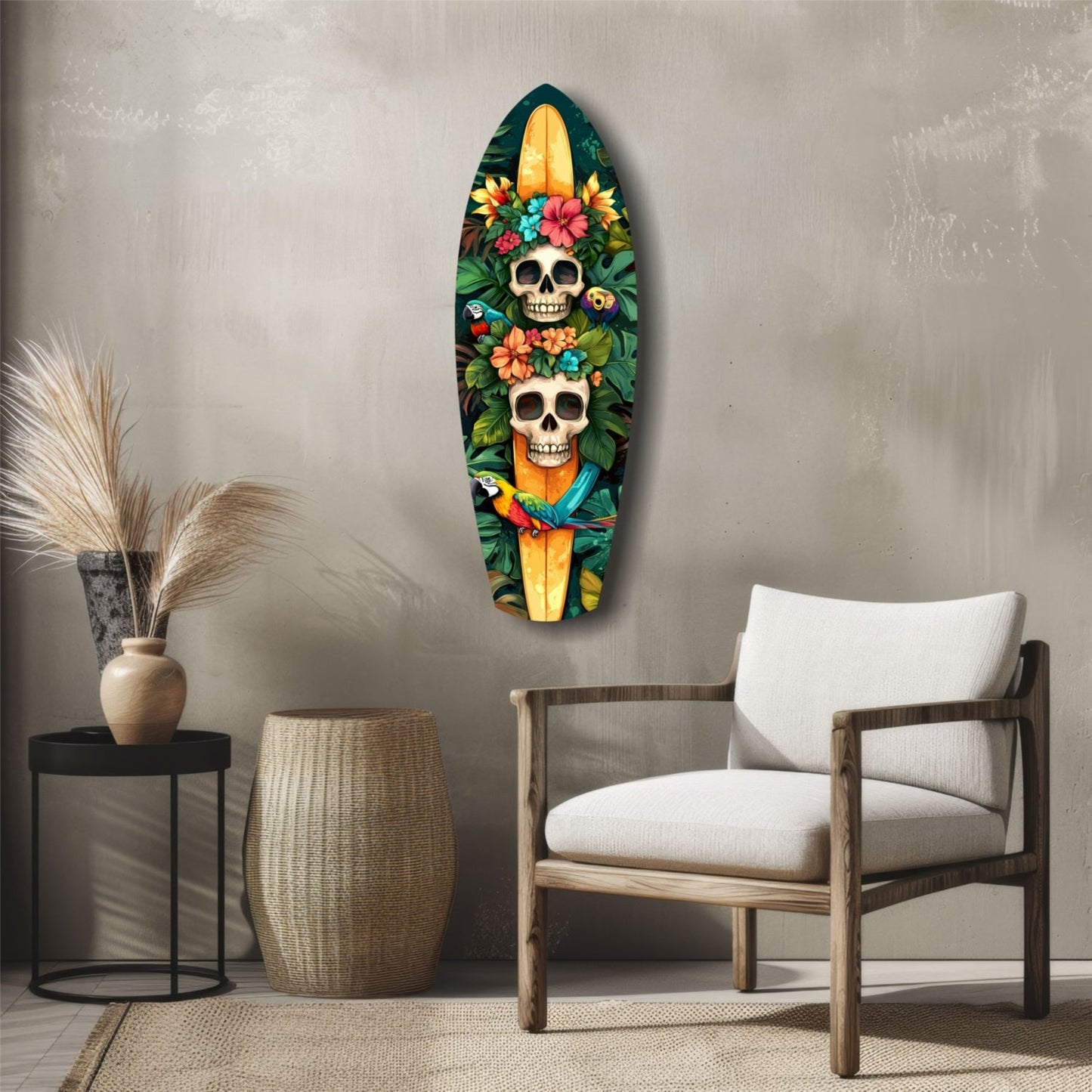Surfboard-shaped glass wall art with two colorful skulls surrounded by tropical flowers and parrots, displayed above a wooden chair in a minimalist interior.