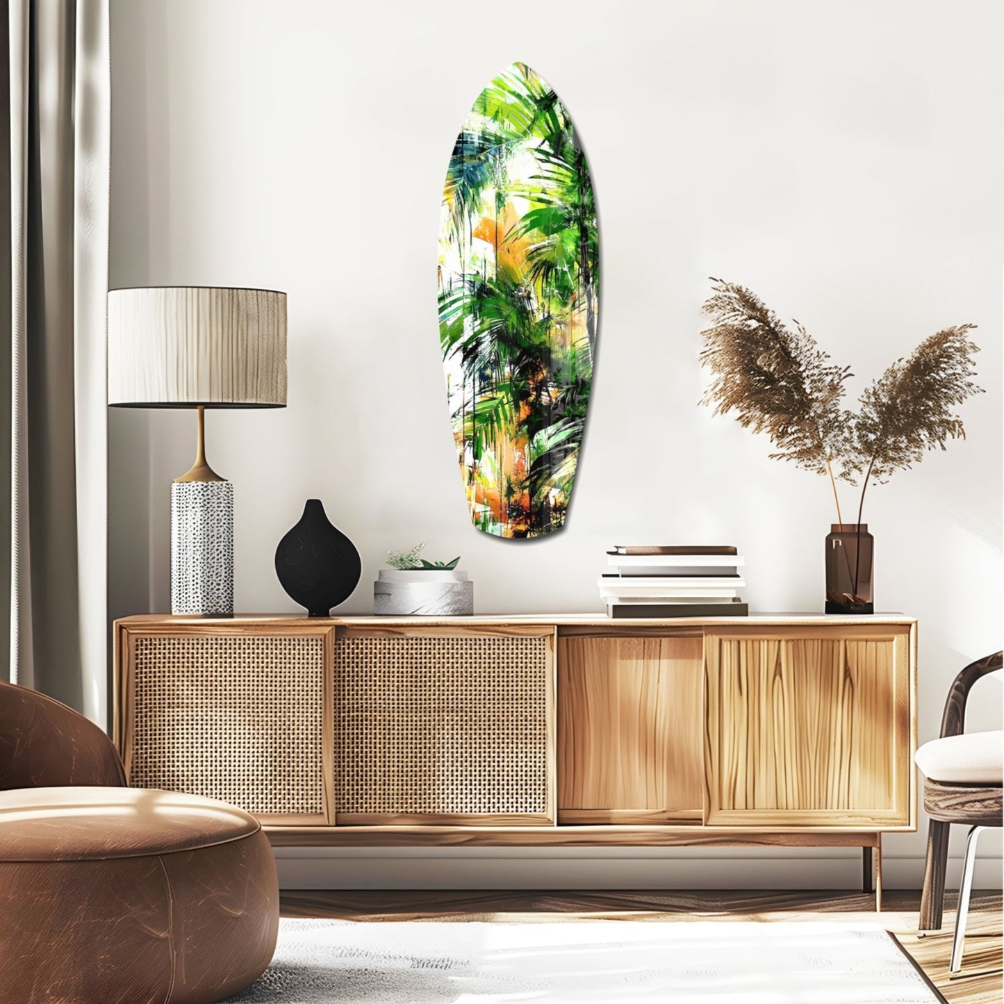 Tropical Forest Glass Wall Art with vibrant green palm leaves and golden sun tones displayed above a wooden mid-century credenza in a modern living room.