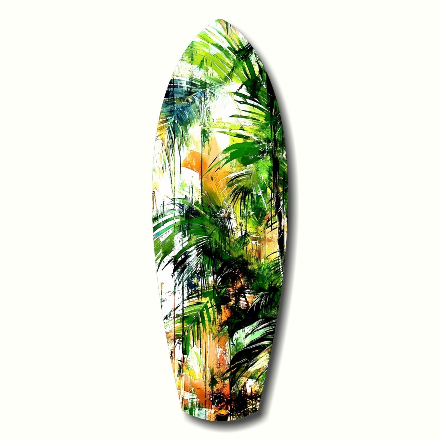 Elongated oval glass panel displaying layered tropical foliage with green palm fronds and golden-orange tree trunks against white background.