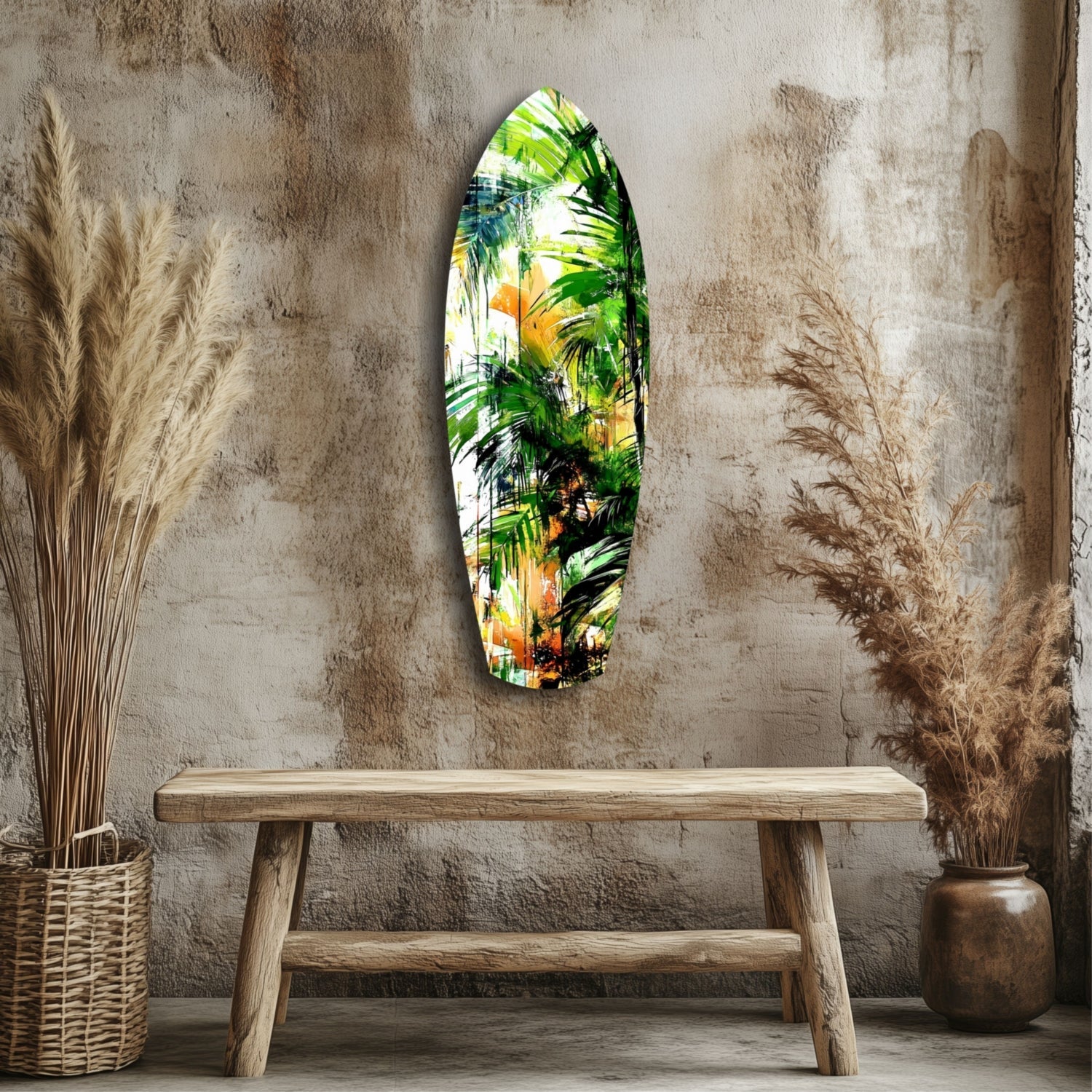 Tropical Forest Glass Wall Art with vibrant green and yellow palm leaves displayed above wooden bench against textured wall.