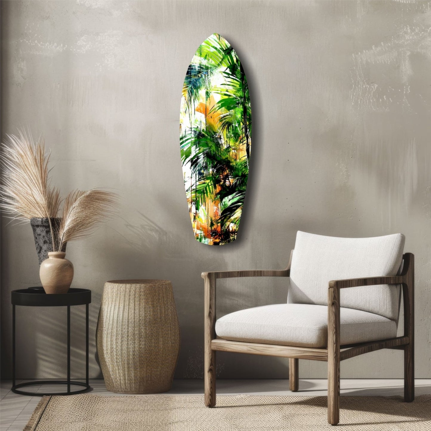 Tropical Forest Glass Wall Art displaying vibrant green palm leaves and golden yellow tones mounted on a neutral beige wall above wooden furniture.