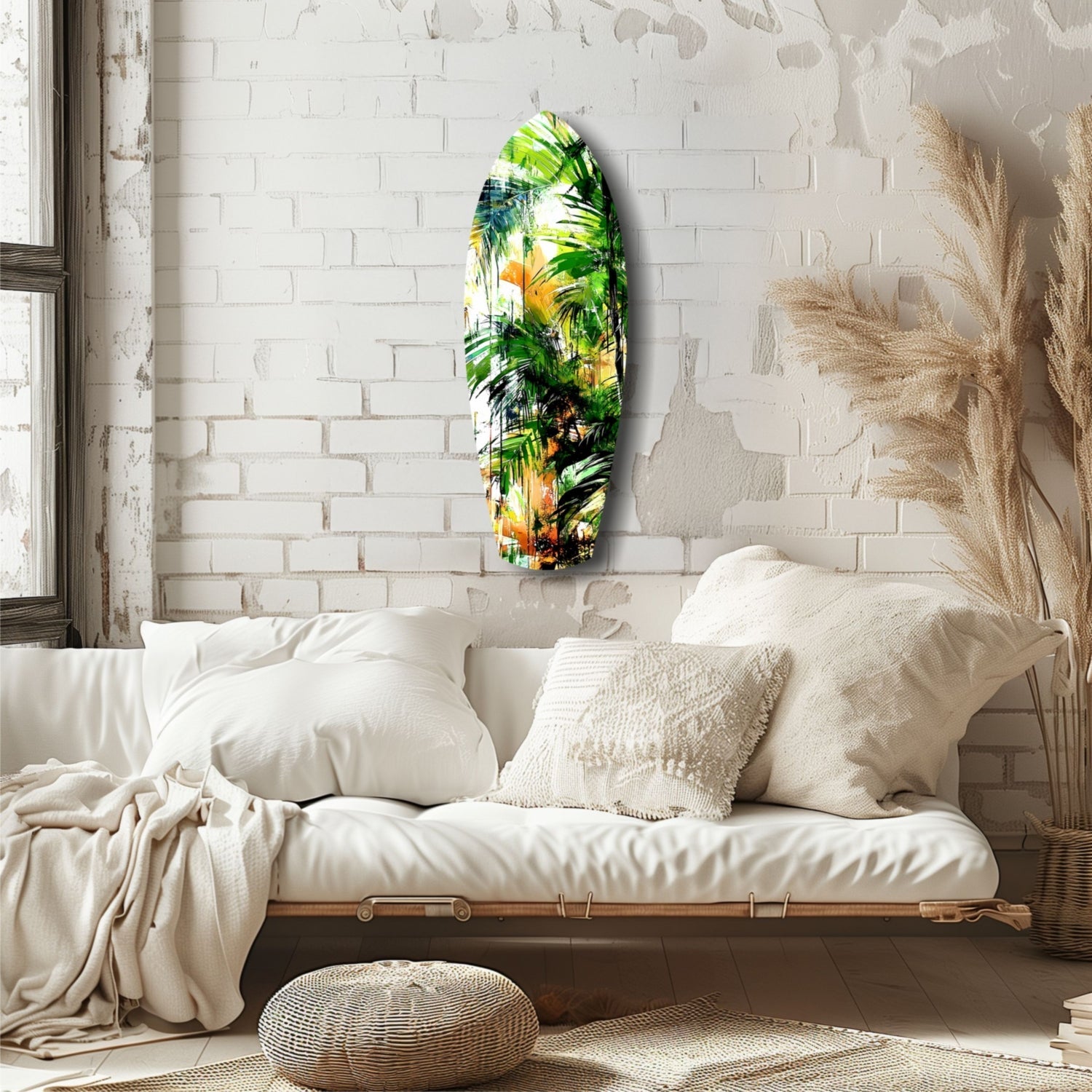 Tropical Forest Glass Wall Art with vibrant green, yellow, and orange palm leaves displayed above a cream linen daybed in a minimalist white brick bedroom.