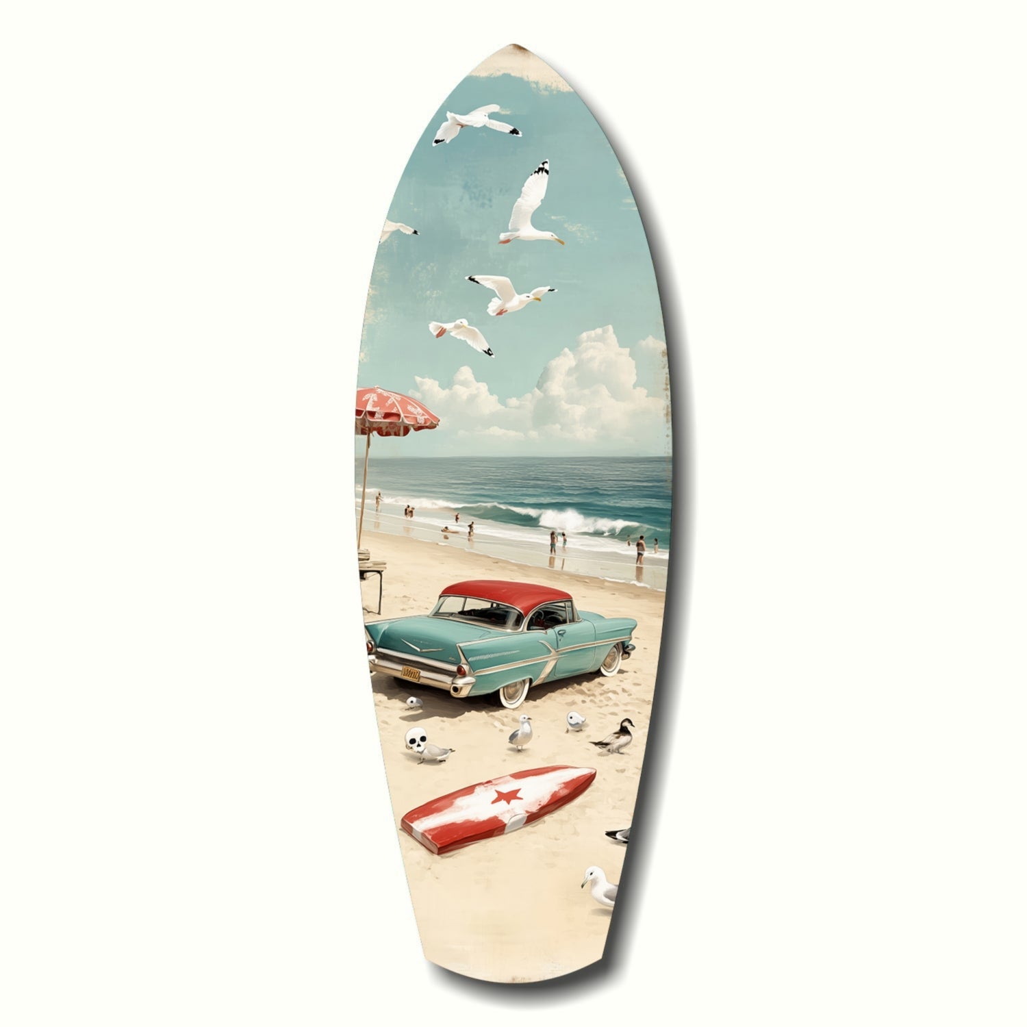Surfboard-shaped glass art depicting a vintage turquoise car on a beach with seagulls and umbrella against a blue sky.