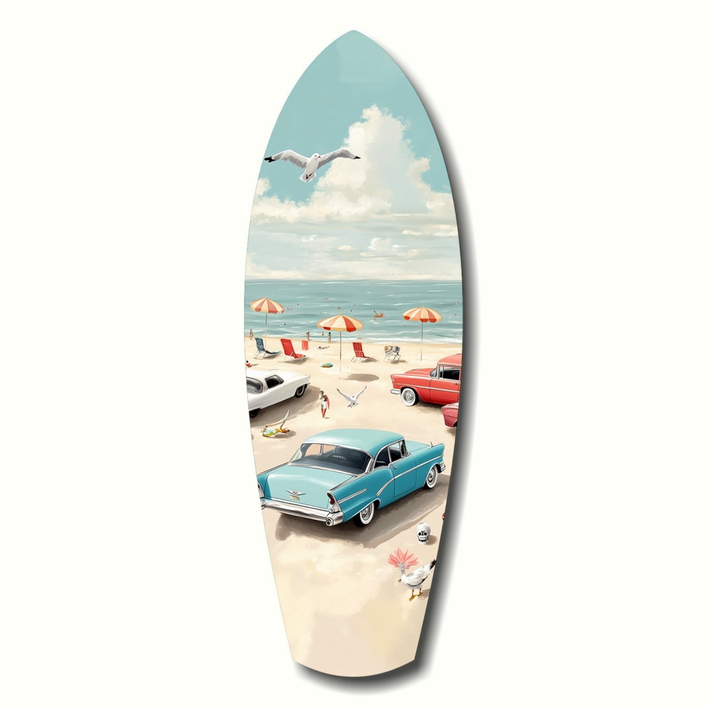Surfboard-shaped glass art depicting a 1950s beach scene with turquoise car, umbrellas, and seagull against blue sky.