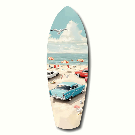 Surfboard-shaped glass art depicting a 1950s beach scene with turquoise car, umbrellas, and seagull against blue sky.