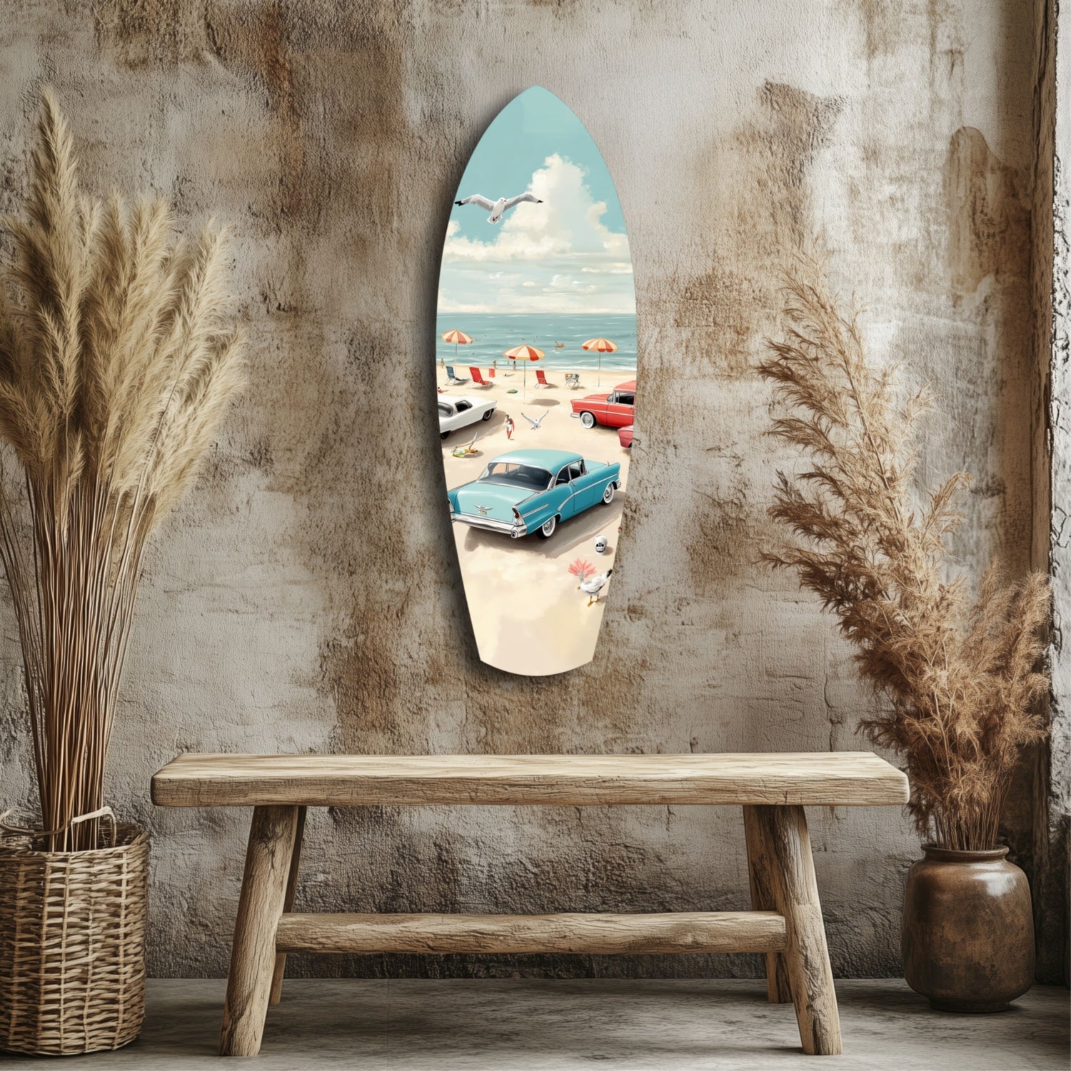 Surfboard-shaped glass wall art depicting a vintage blue car and beach scene, displayed above a wooden bench against a textured gray wall.