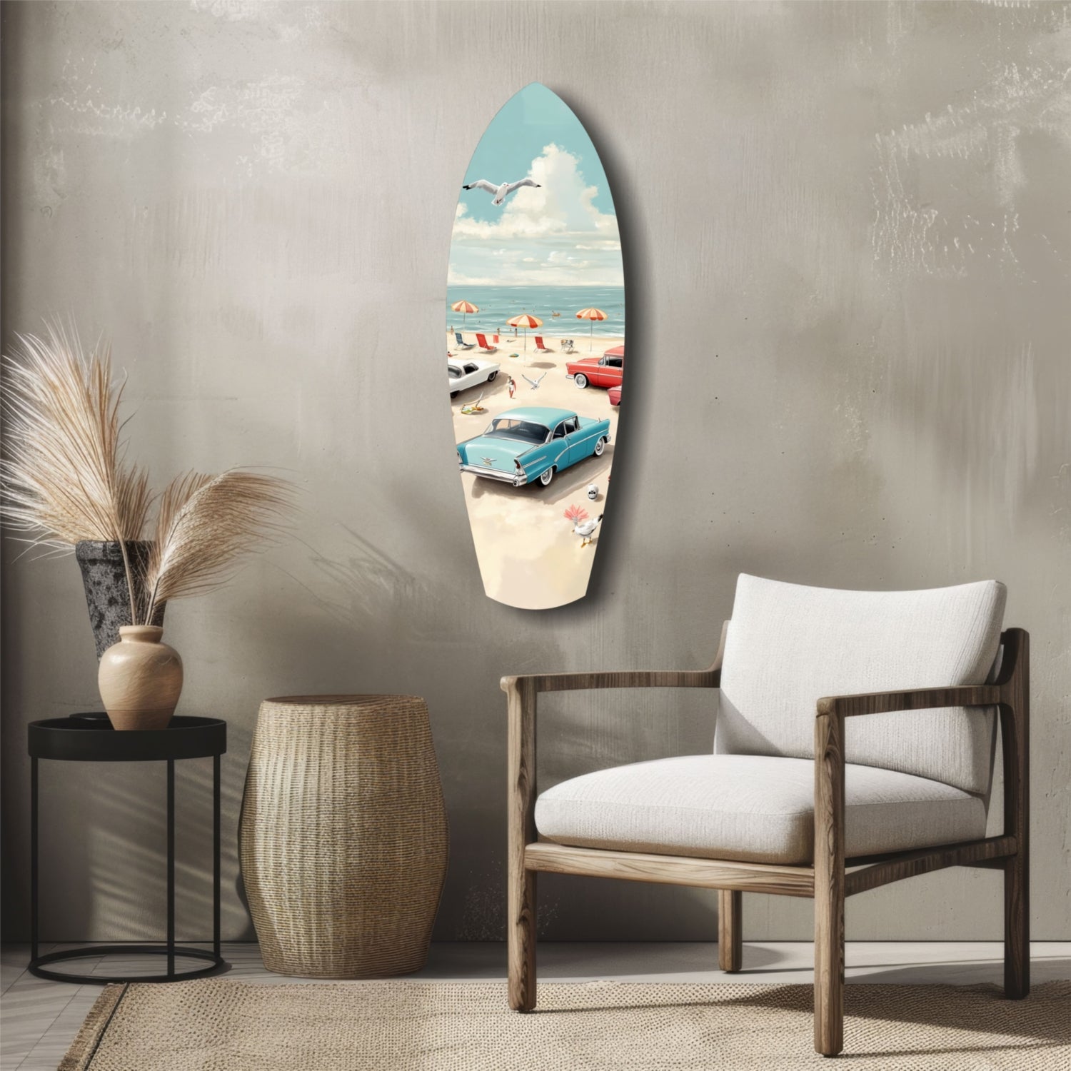 Surfboard-shaped glass wall art depicting vintage beach scene with blue car, umbrellas, and ocean, displayed in modern living room setting.