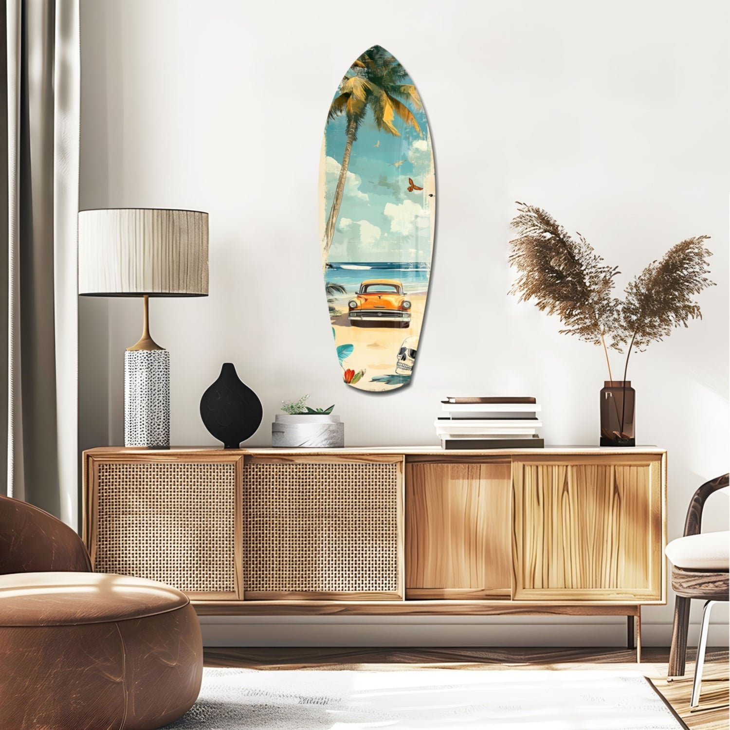 Surfboard-shaped glass wall art depicting vintage beach scene with orange car, palm tree, and blue sky, displayed above wooden mid-century credenza in modern living room.