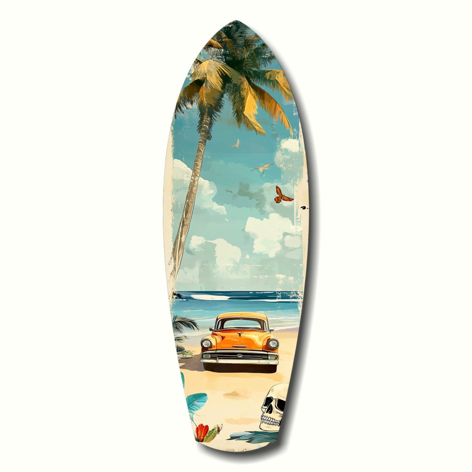Surfboard-shaped wall art featuring a vintage orange car on a beach with palm trees, sky, and sailboat against white background.