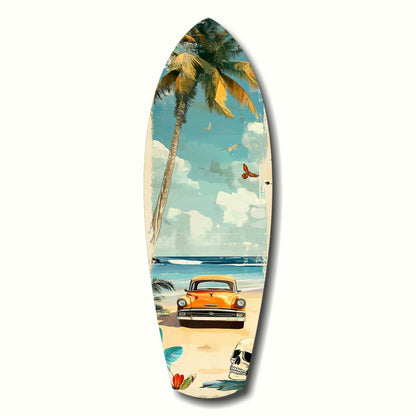 Surfboard-shaped wall art featuring a vintage orange car on a beach with palm trees, sky, and sailboat against white background.
