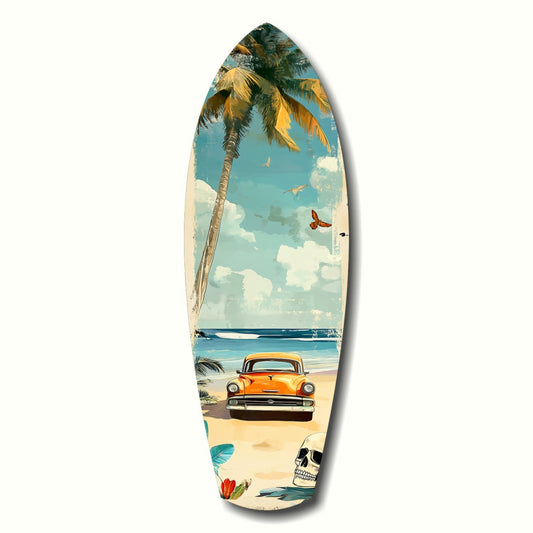 Surfboard-shaped wall art featuring a vintage orange car on a beach with palm trees, sky, and sailboat against white background.