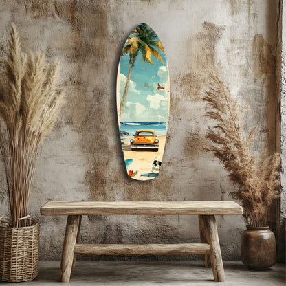 Surfboard-shaped glass art displaying vintage orange car on beach with palm tree and blue sky, mounted on textured wall above wooden bench.