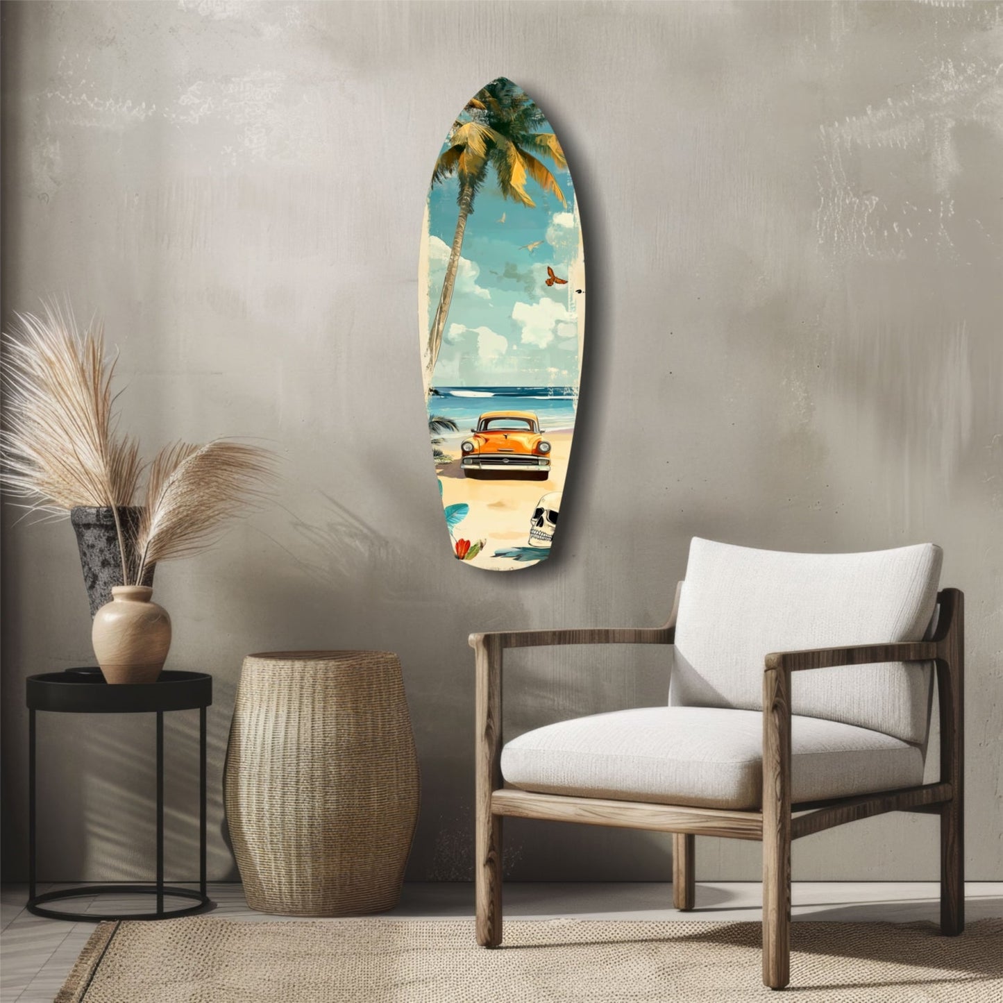 Surfboard-shaped glass wall art displaying vintage beach scene with orange car, palm tree, and blue sky, hung above wooden chair in modern interior.