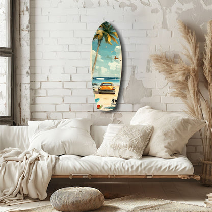 Surfboard-shaped glass wall art depicting a vintage orange car, palm tree, and beach scene hung on white brick bedroom wall above cream bedding.