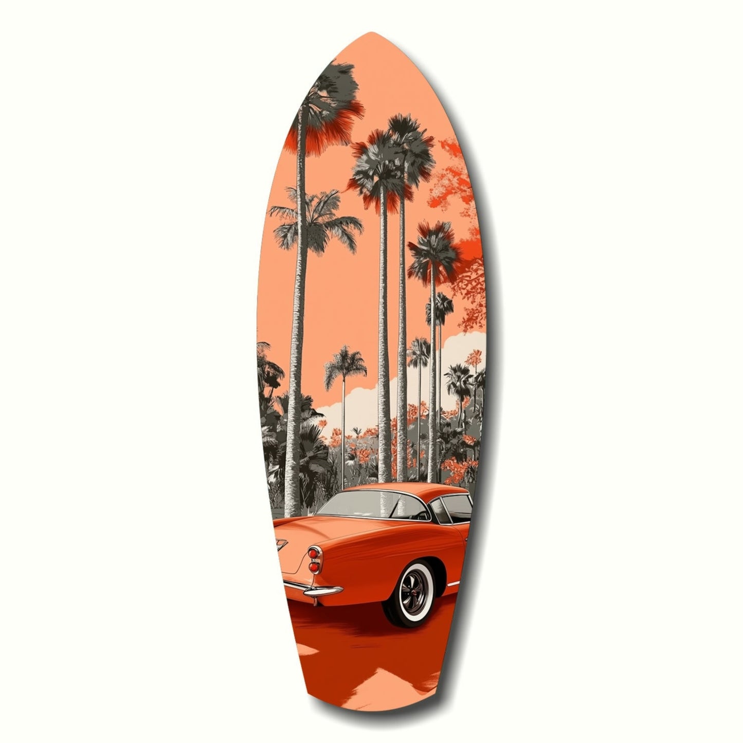Surfboard-shaped glass art featuring a red vintage car beneath tall palm trees against an orange sunset sky.