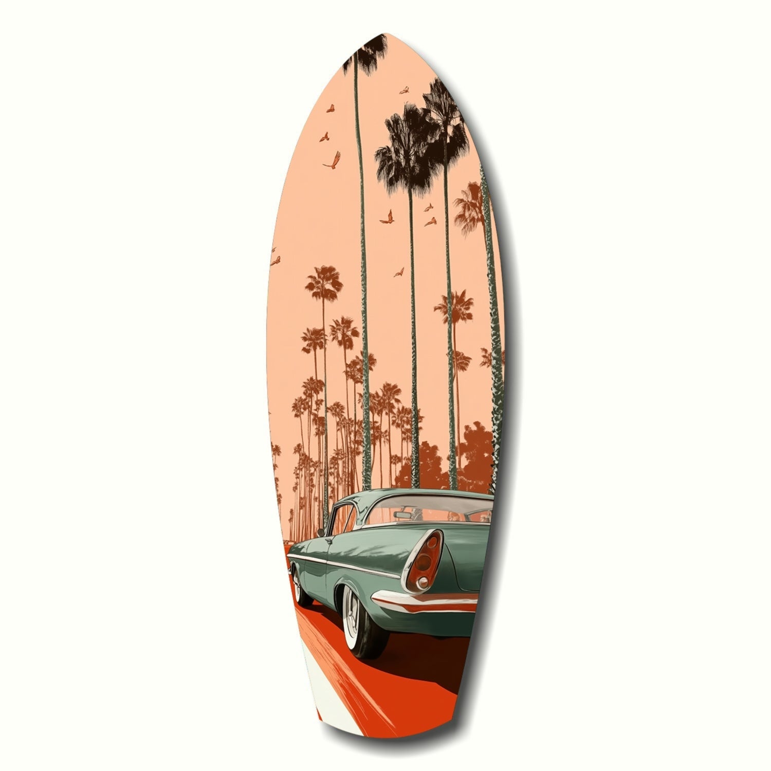 Surfboard-shaped glass art featuring a vintage green car on a red road beneath tall palm trees against a peachy sky.