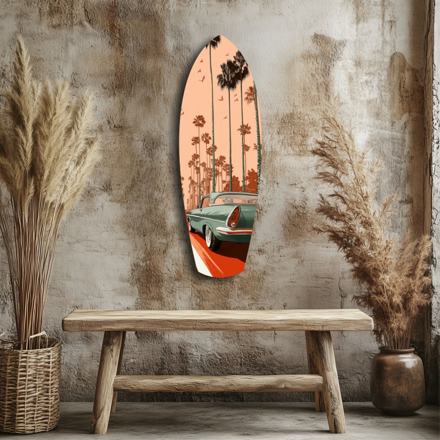 Surfboard-shaped glass wall art displaying vintage teal car and palm trees against peach sky, mounted above wooden bench in rustic interior.