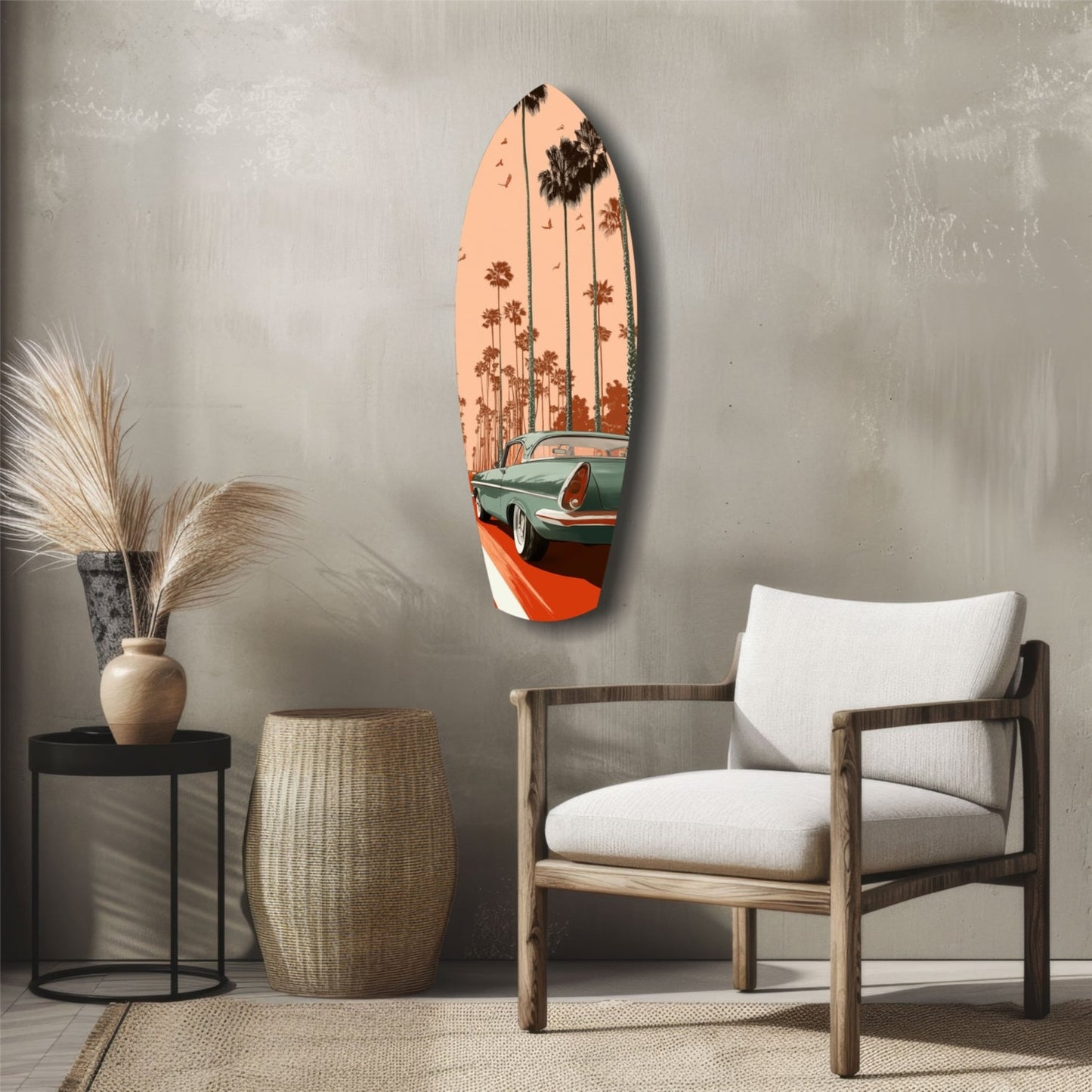 Surfboard-shaped glass wall art depicting a vintage green and red car with palm trees against a peach sky, displayed in a modern living room setting.