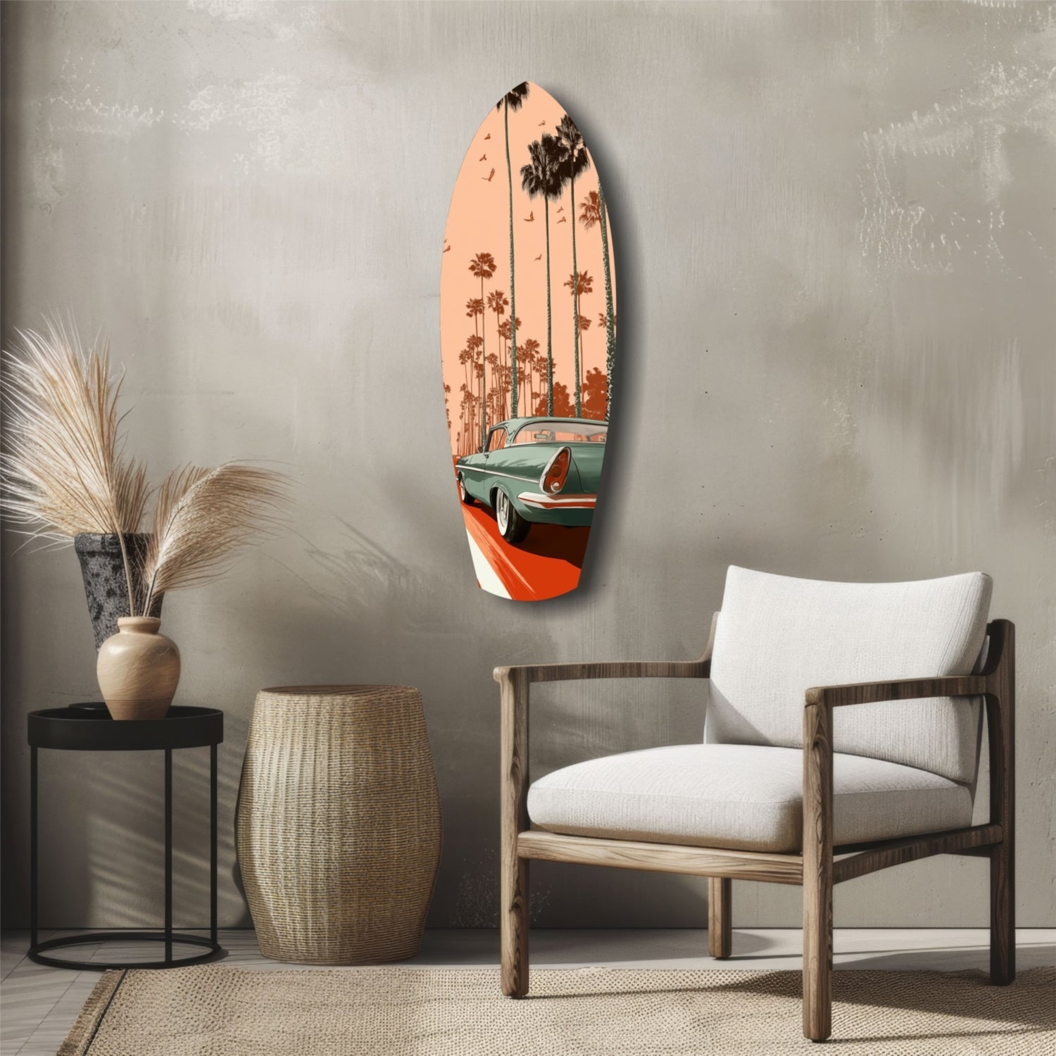 Surfboard-shaped glass wall art depicting a vintage green and red car with palm trees against a peach sky, displayed in a modern living room setting.