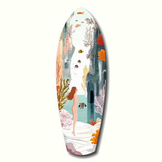 Elongated oval glass art piece featuring an underwater scene with a mermaid, coral, fish, and castle in soft pastels and earth tones.