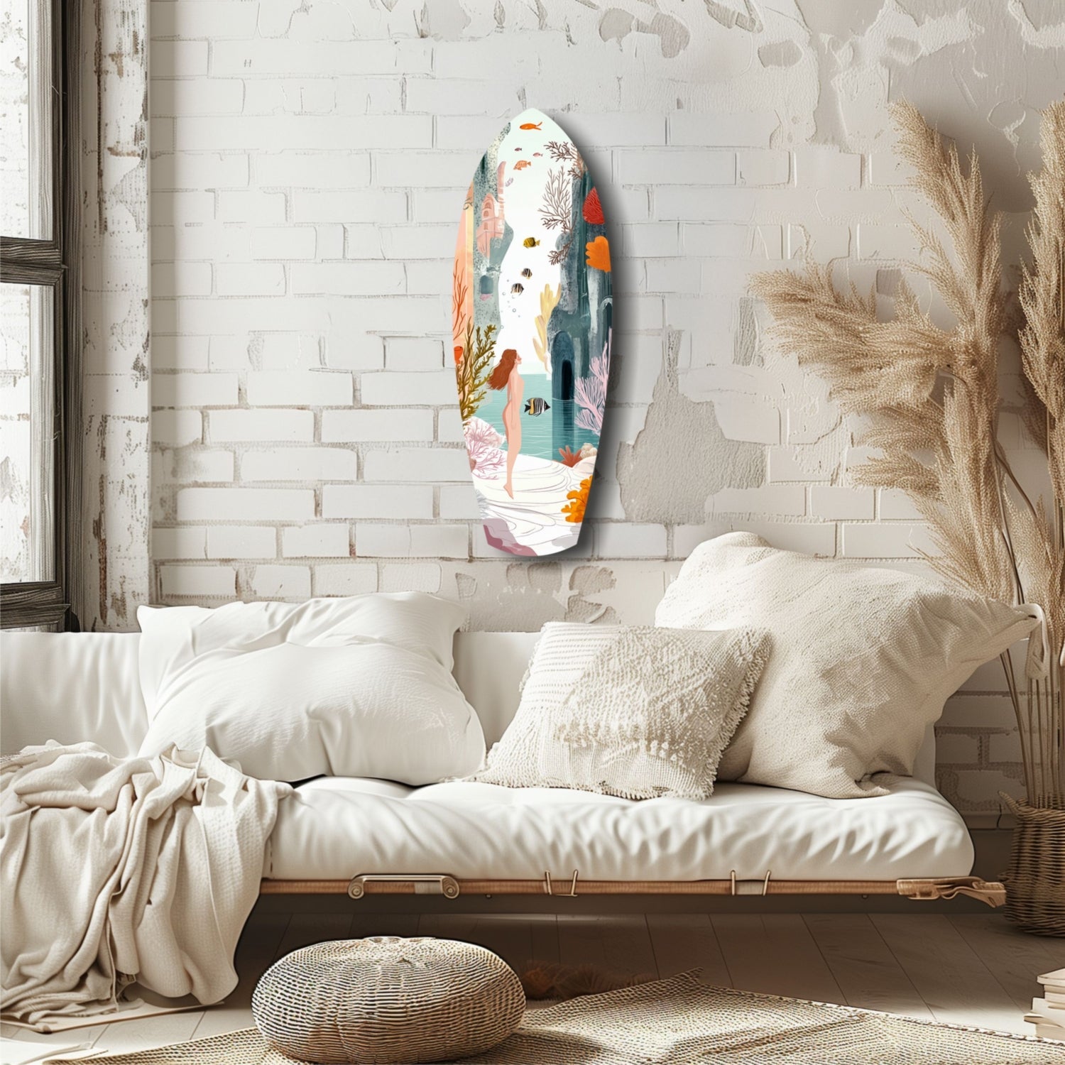 Colorful oval glass wall art with coral, fish, and seaweed designs displayed above a cream bedside bench in a minimalist bedroom.