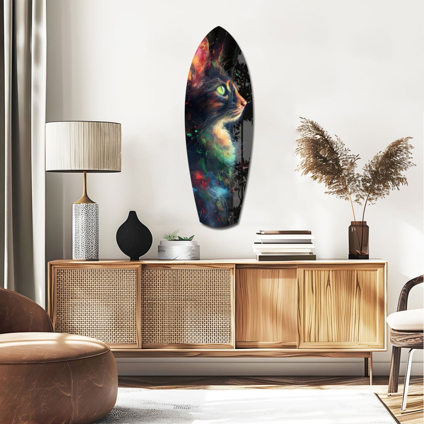 Celestial Cat Glass Wall Art mounted on a white wall above a wooden sideboard in a modern living room setting, displaying vibrant multicolored cosmic imagery with glowing green eyes.