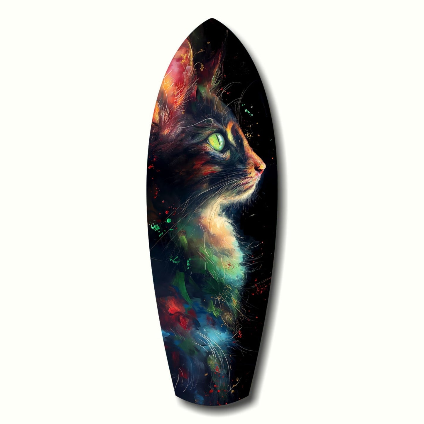 Elongated black glass wall art featuring a cat's head in profile with glowing yellow-green eyes, surrounded by vibrant red, orange, blue, and green ethereal light effects.