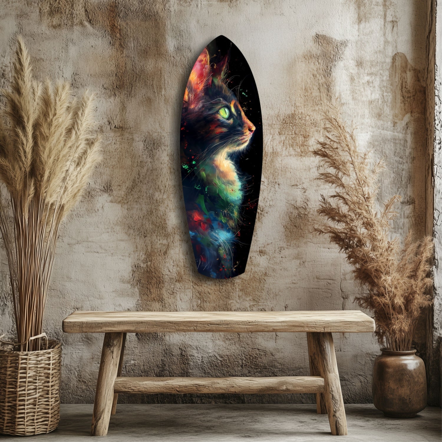 Colorful celestial cat glass wall art hanging above wooden bench in minimalist room with dried grasses and textured walls.