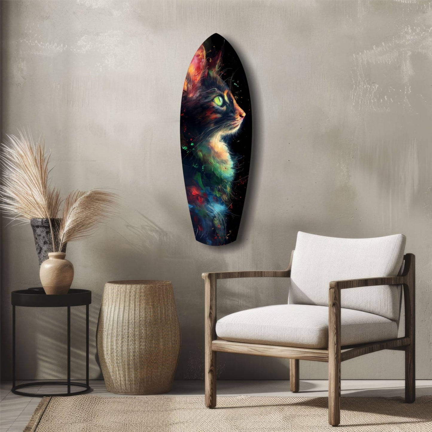 Celestial Cat Glass Wall Art displayed on a neutral wall above a wooden chair, showing a colorful cat portrait with red, gold, and blue cosmic effects against black glass.