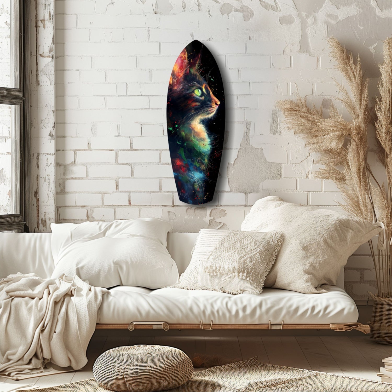 Colorful celestial cat glass wall art hung above a white bedding setup in a minimalist brick bedroom.