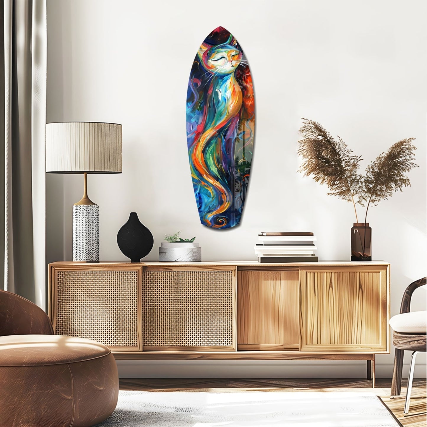 Colorful Swirl Cat Surfboard Glass Wall Art