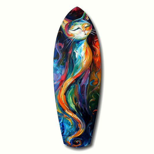 Elongated surfboard with vibrant multicolored swirling patterns and a stylized cat face at the top against white background.