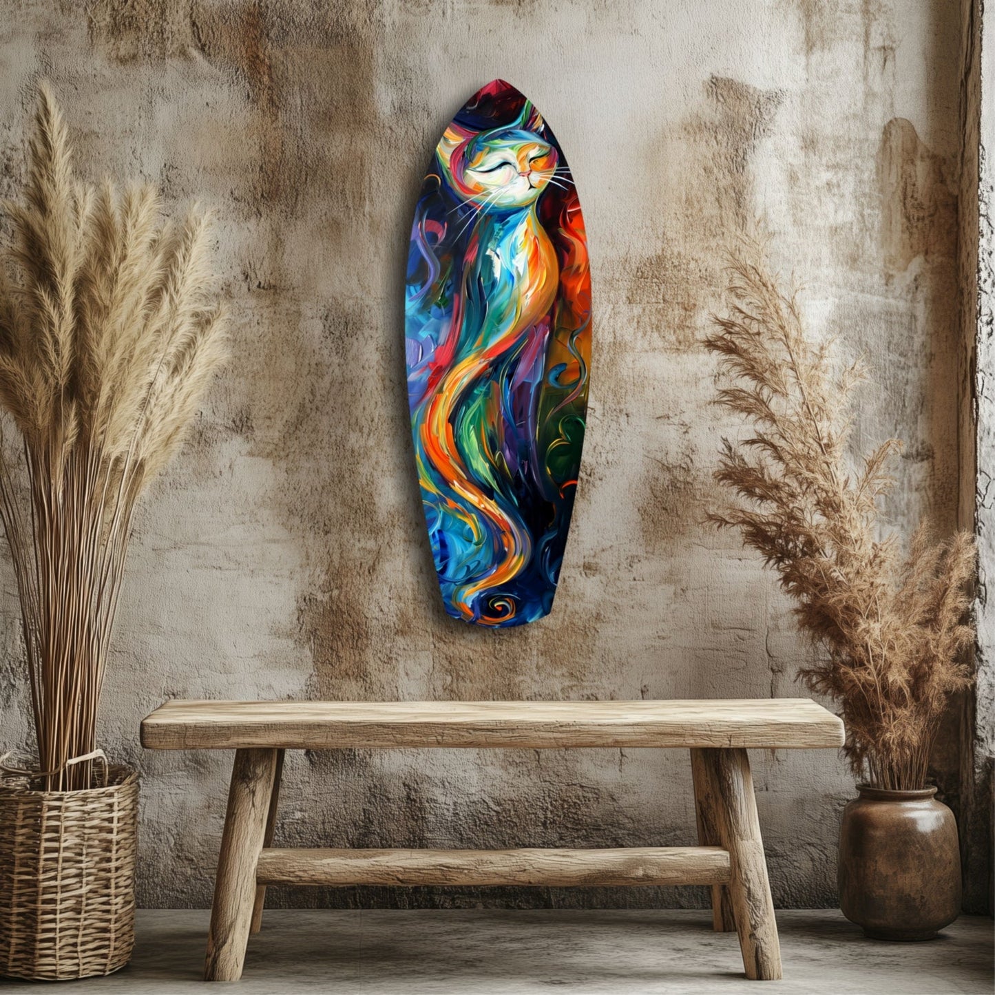 Colorful Swirl Cat Surfboard Glass Wall Art