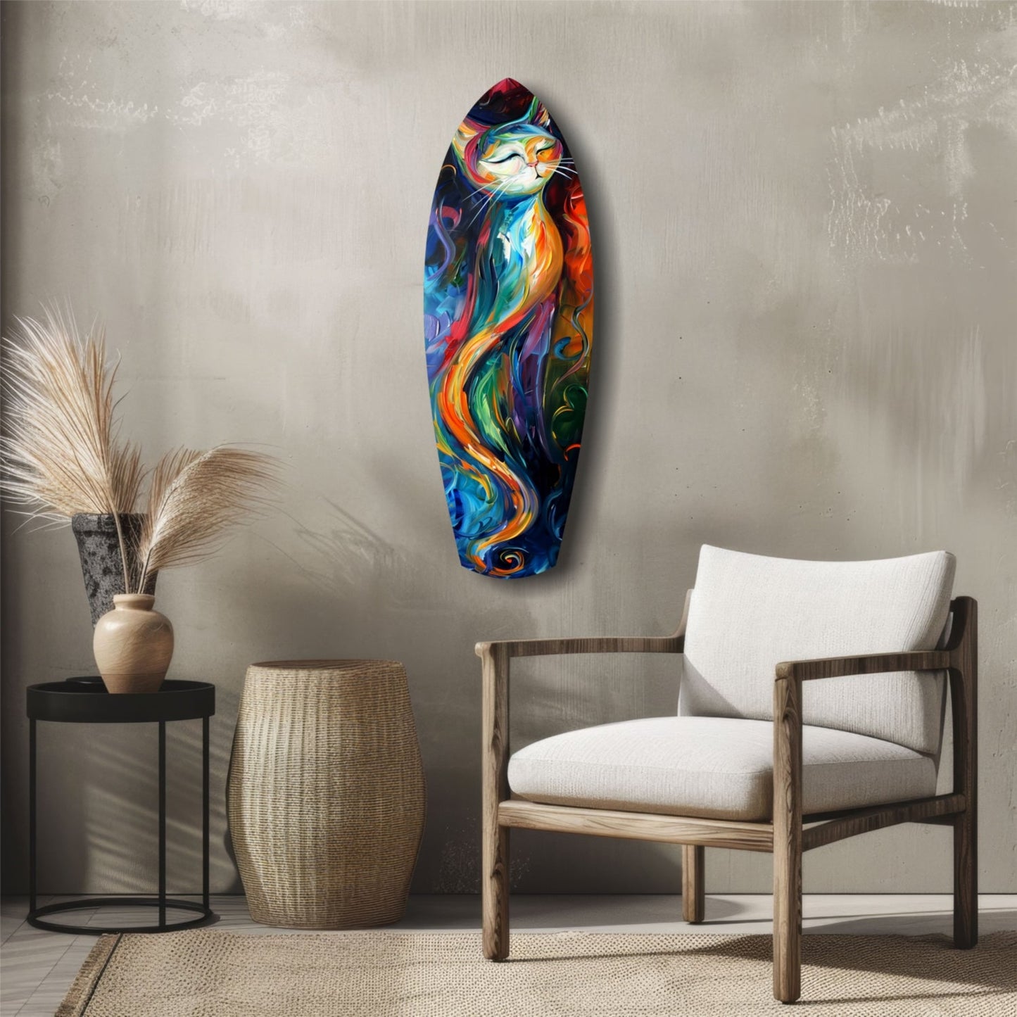 Colorful Swirl Cat Surfboard Glass Wall Art