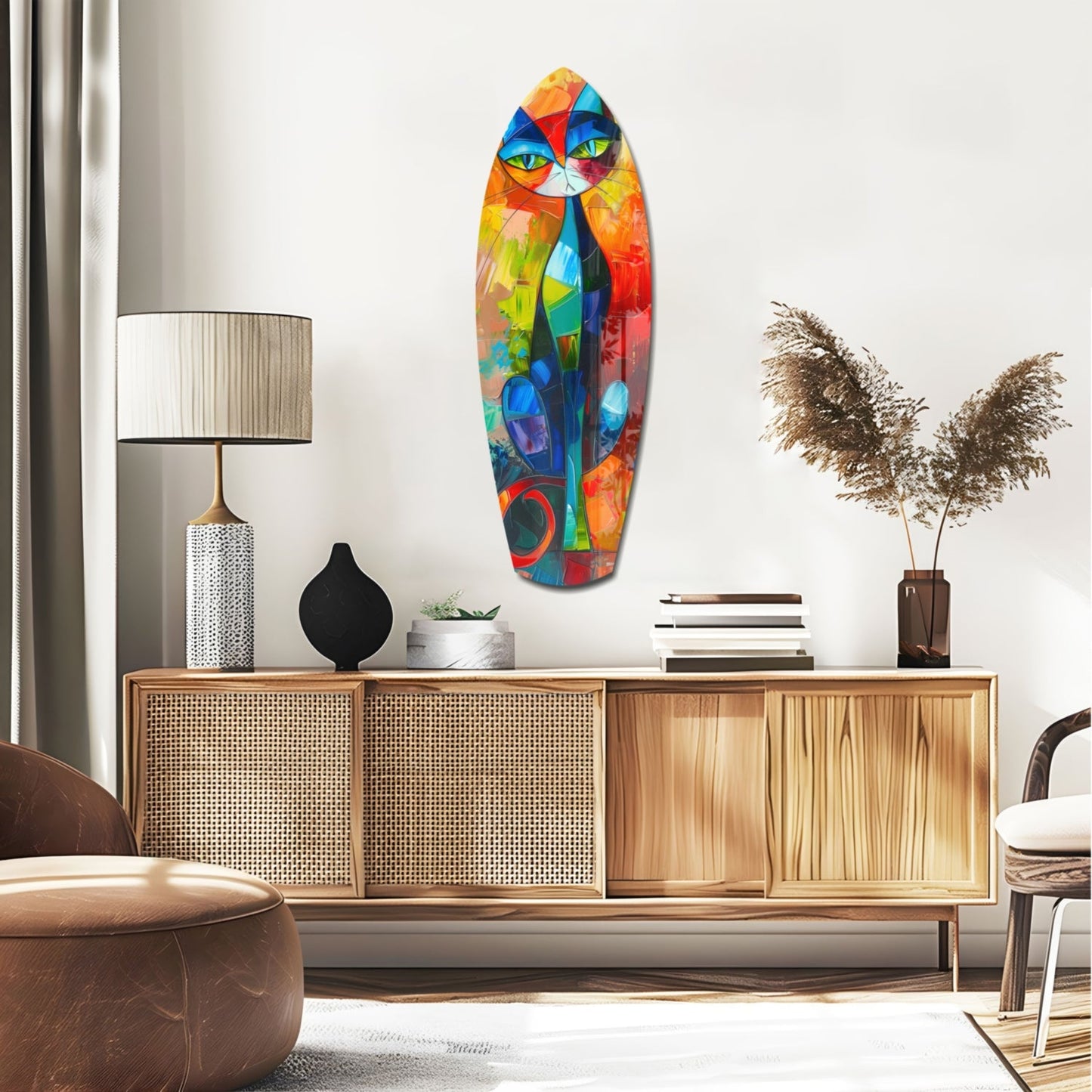 Colorful stained glass cat wall art displayed above wooden mid-century credenza in modern living room setting.