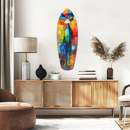 Colorful stained glass cat wall art displayed above wooden mid-century credenza in modern living room setting.
