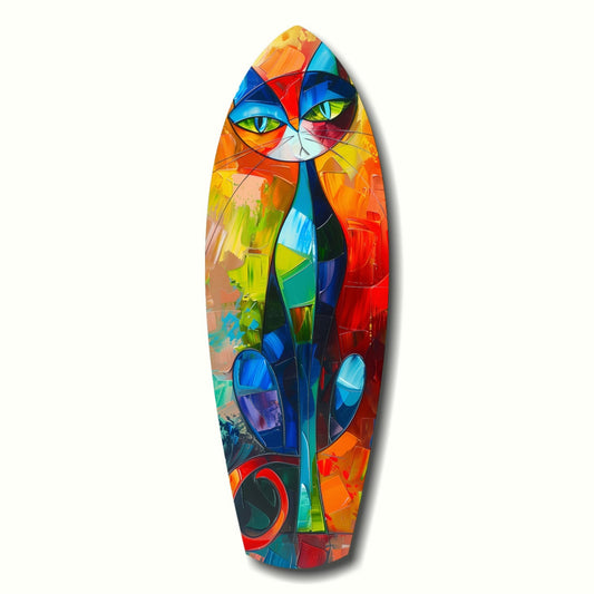 Colorful stained glass wall art featuring a stylized cat's face and body in vibrant geometric panels of red, blue, yellow, and orange.