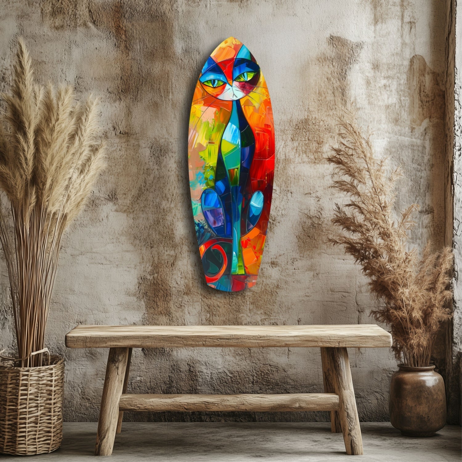 Colorful cubic cat glass wall art hanging above wooden bench against textured beige wall with dried pampas grass decor.