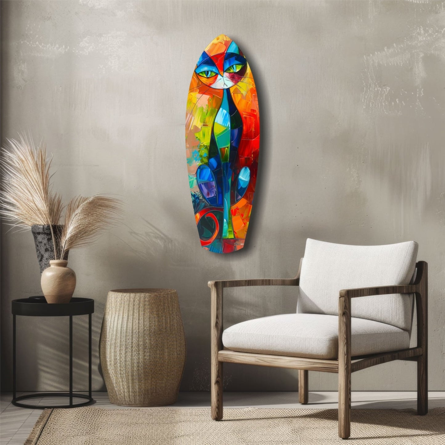 Colorful geometric cat glass wall art hanging above wooden chair in minimalist interior setting with neutral tones.