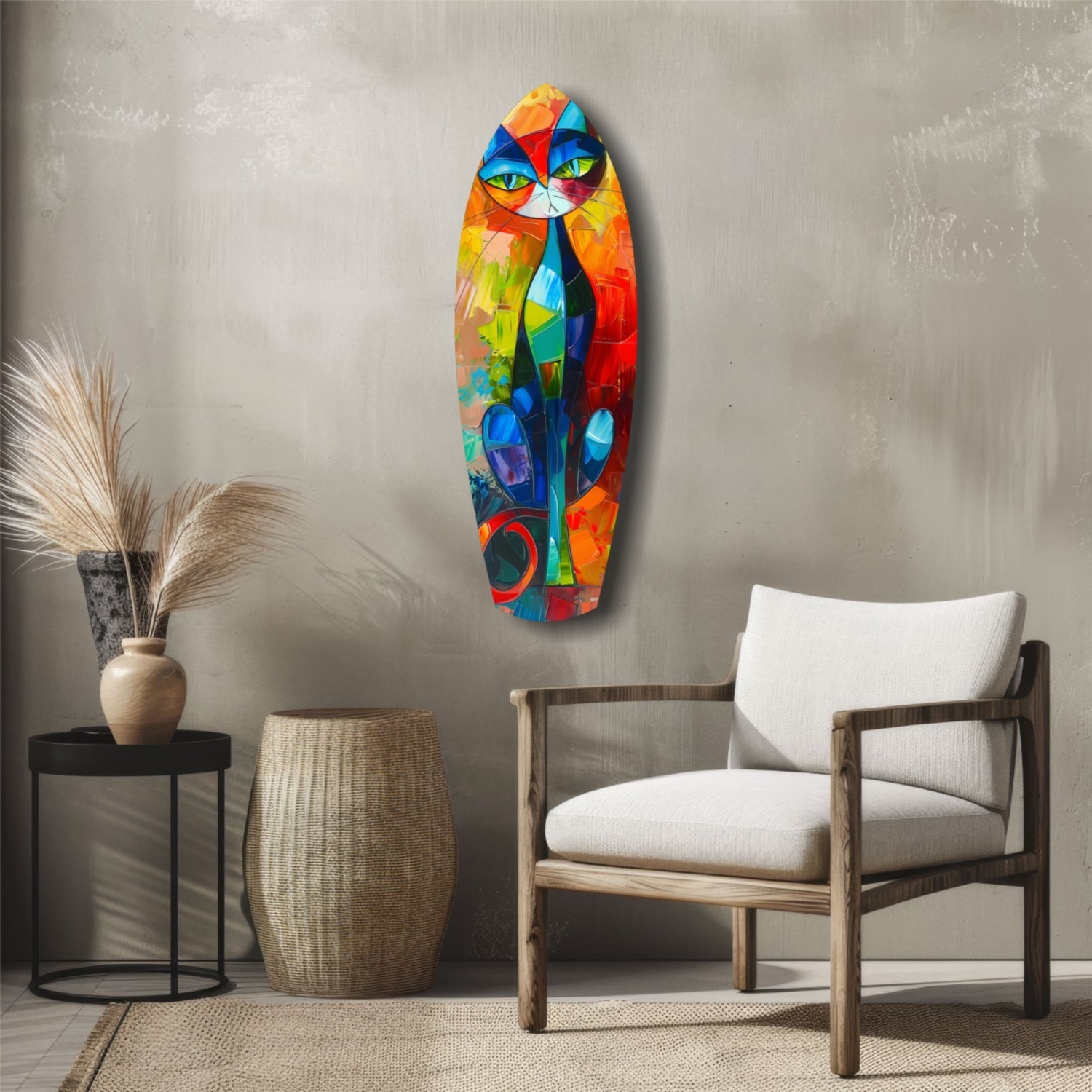 Colorful geometric cat glass wall art hanging above wooden chair in minimalist interior setting with neutral tones.