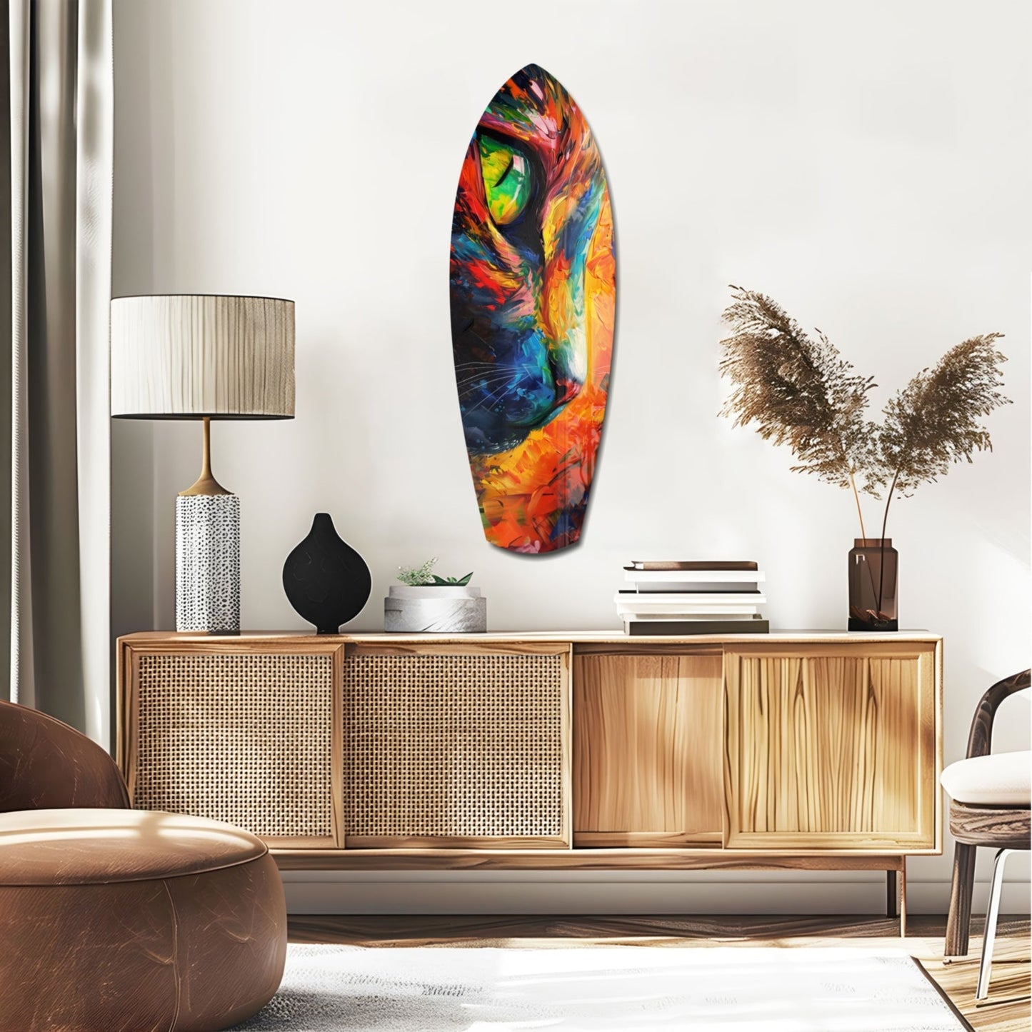 Colorful abstract cat face glass wall art in vibrant reds, oranges, blues, and yellows displayed above wooden credenza in modern interior.