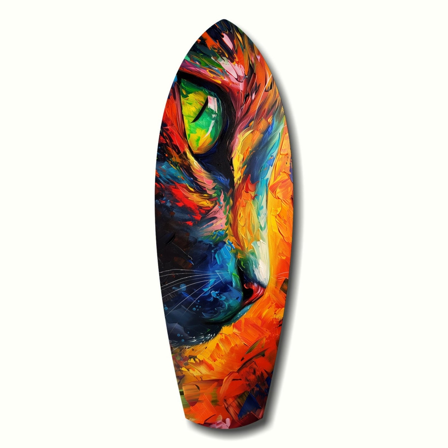 Elongated teardrop-shaped glass wall art featuring a vibrant multicolored cat's face with striking green and yellow eyes against swirling orange, red, blue, and yellow brushstroke patterns.